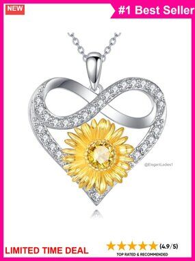 Sterling Silver Sunflower Moissanite Infinity Heart Necklace 18+2"